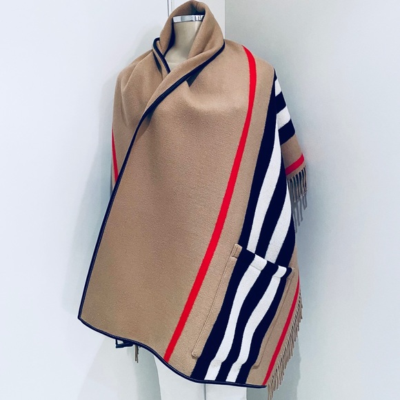 BURBERRY ICON STIPE WOOL CASHMERE JACQUARD WRAP / STOLE. - Picture 9 of 13